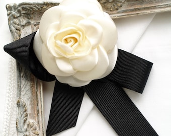 Creamy White Satin Camellia Brooch: Silk Flower Corsage with Ribbon