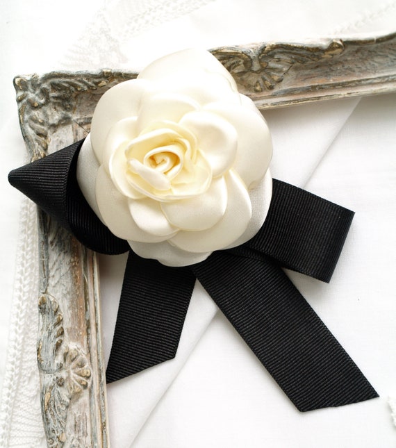 Vintage Chanel Brooch White Camelia on Black Ribbon