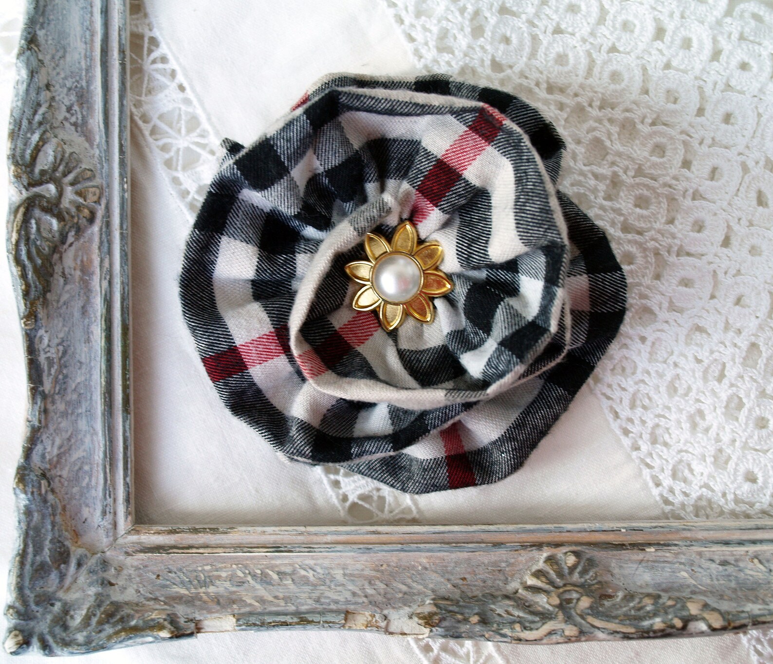 Plaid flower brooch beige black tartan brooch Rosette flower Etsy