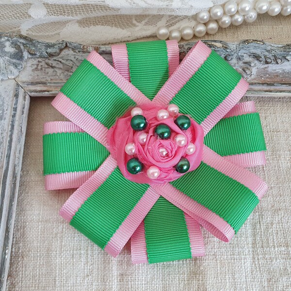 Pink Green Ribbon Bow brooch with pearls,  Green pink rosette corsage pins, Ribbon Brooches, cockade brooch, Womens bowtie, AKA, gift