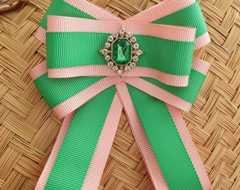 Pink Green Ribbon Bow Tie With Rhinestone, Necktie Woman, Jabot Collar, Bowknot Bowtie Brooch, Apple Green and Pink corsage, Womens Neck Tie