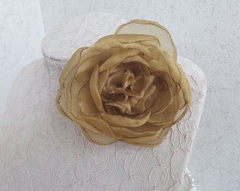 Antique gold organza flower brooch, silk flower pin, gold colour fabric flower, Mother of bride, old gold corsage flower, gift for her