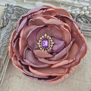 Pink purple flower brooch with rhinestone, flower hair clip, corsage flower pin, blush pink and lavender purple silk millinery fabric flower