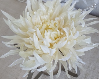 Large Creamy White Satin Chrysanthemum Brooch: Handmade Fabric Flower Pins, Wedding Corsage Brooch