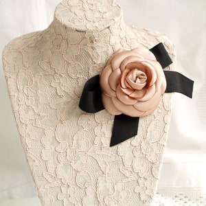 Camellia brooch, Blush pink flower, Vintage style, Dusty pink Camellia corsage, Black Bow broach, Camellias pin with ribbon, Pink camellia
