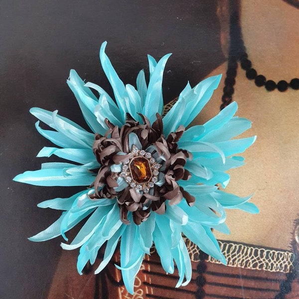 Flower brooch, Light Turquoise Corsage Flower Pin, Large Fabric flower broach, Robin Eggs Blue, Big Flower hair clip, Teal beige taupe, Gift