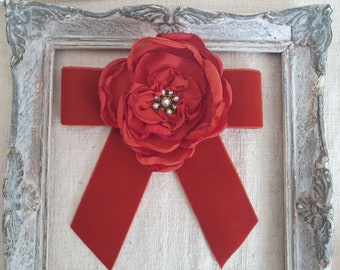 Broszka z kokardą z aksamitu w kolorze rdzawo-pomarańczowym, damski krawat, kwiatowy dodatek w stylu vintage, prezent dla niej
