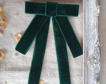 Deep Emerald Green bow brooch, velvet bow tie for women, Accessories for woman, Office fashion, long bowtie, ribbon bow brooches, dark green