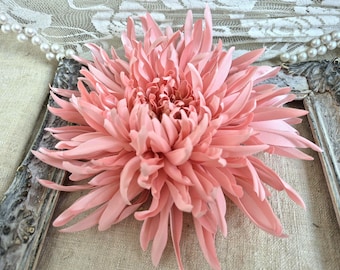 Pink Fabric Chrysanthemum Brooch: Large Satin Flower Pin, Fascinating Corsage Broach