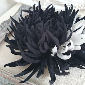 Black White Chrysanthemum Brooch, Extra Large silk satin flower pins, Big fabric flower brooch, Bespoke colour schemes also available
