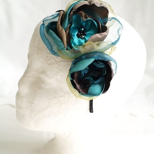 Teal Black Headband, Flower Fascinator, Floral headpiece, Statement Headband, Floral Tiara, Flower headband, Blue hair fascinate, Blue brown