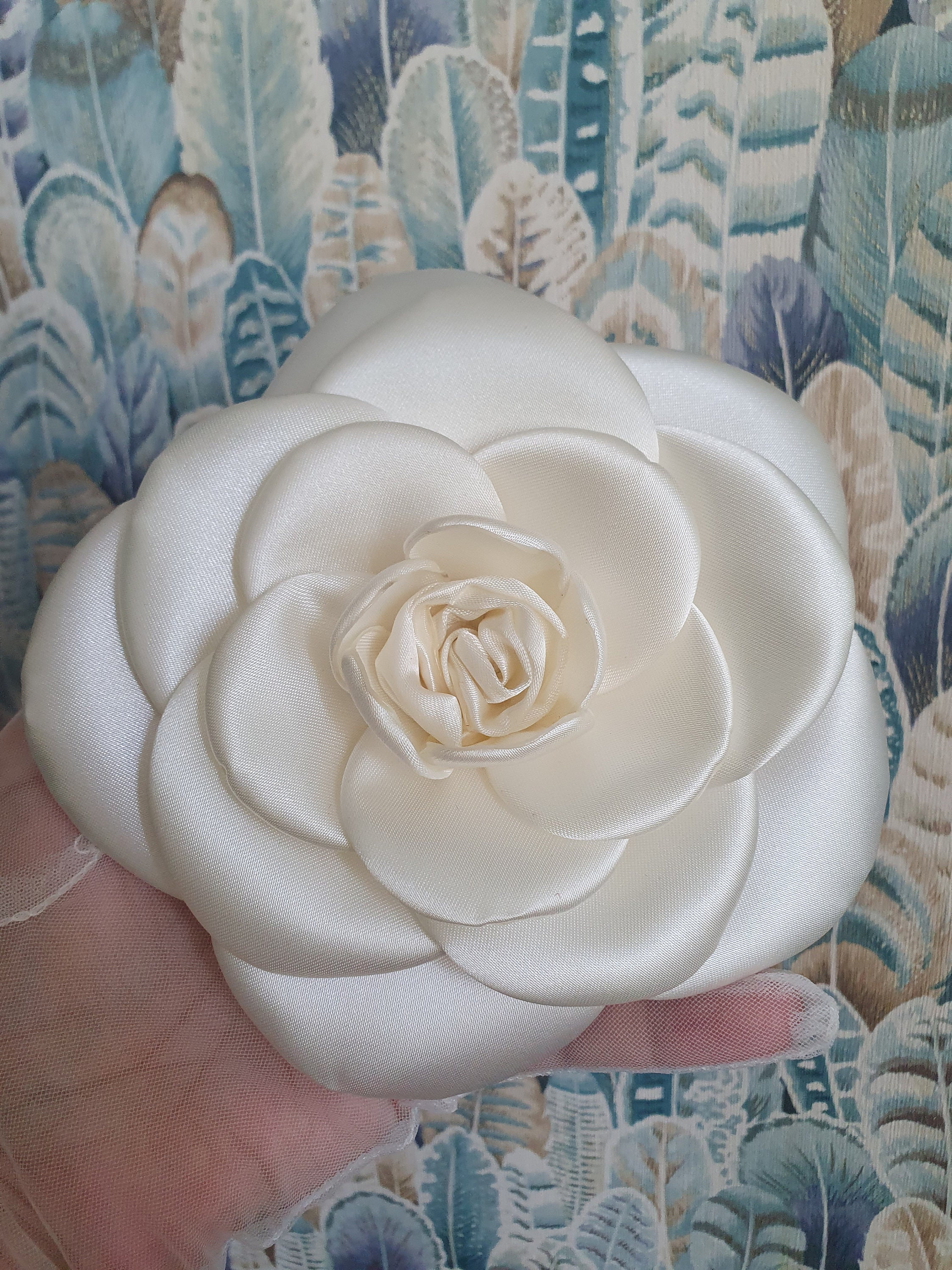 Large White Satin Camellia Brooch: Classic Corsage Flower Pin