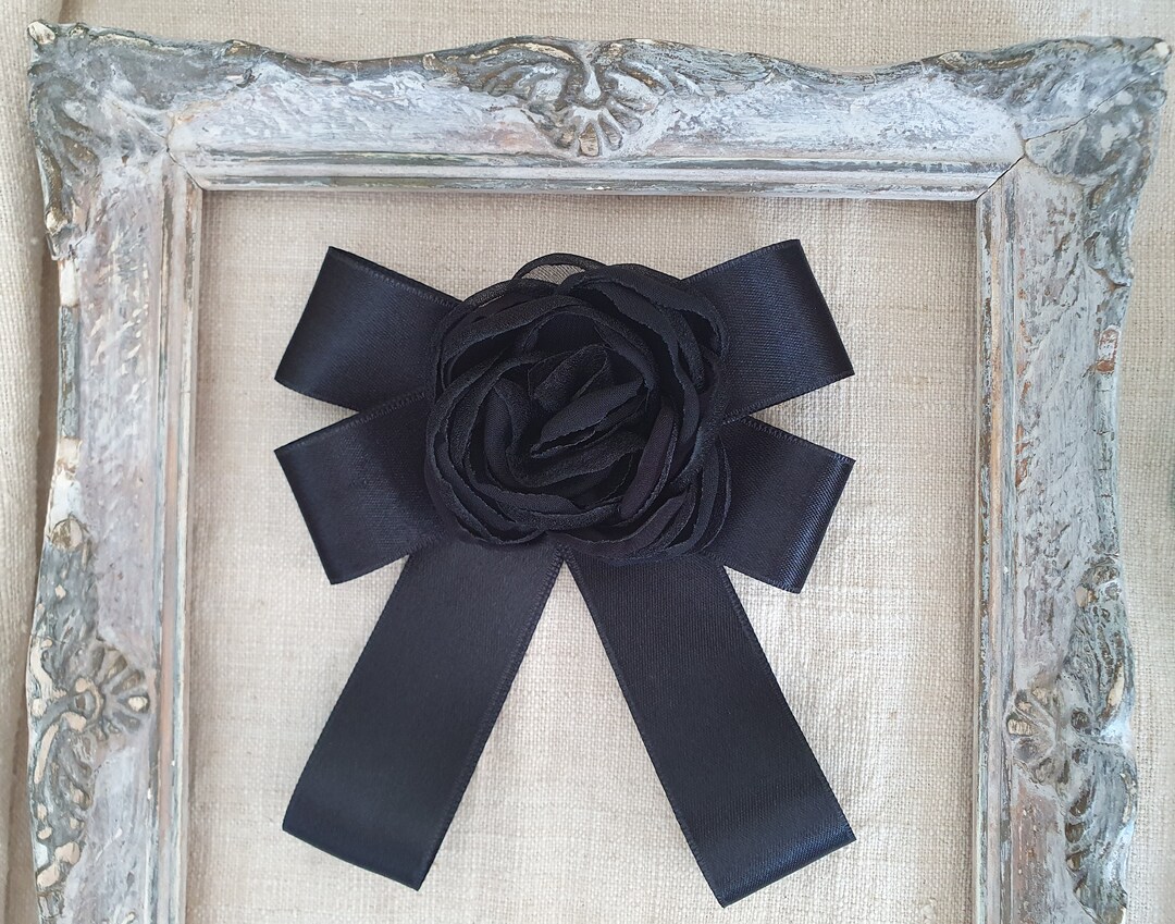 Black Satin Bow Brooch With Flower, Luxury Bow Tie for Women, Ribbon ...