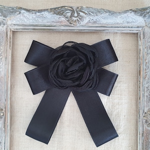 Black Satin Bow Brooch With Flower, Luxury Bow Tie For Women, Ribbon Bowtie, Ladies Necktie, black fabric flower pin brooch, gift for woman