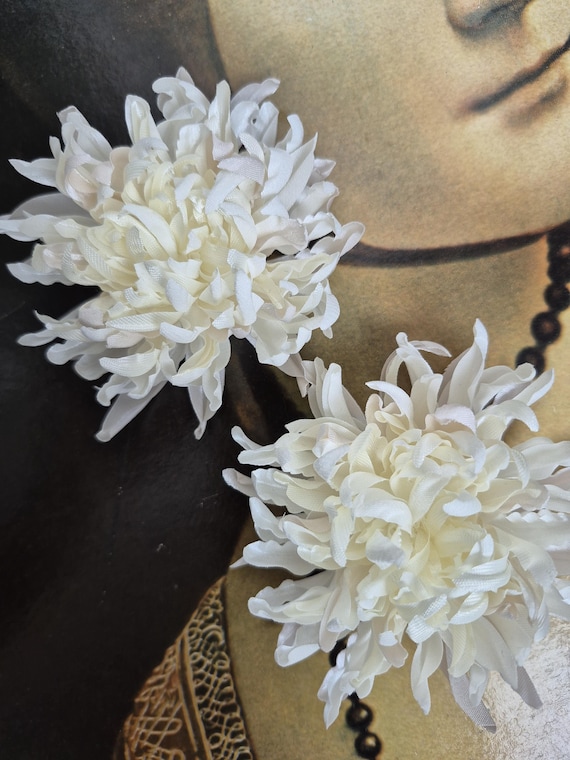 Creamy White Chrysanthemum Fabric Flower Earrings, Ivory Boho Jewelry,  Floral Shoe Clips, Bridal Hair Pins