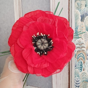Oversized Red Poppy Brooch: Fabric Flower Corsage, Garden Party Pin