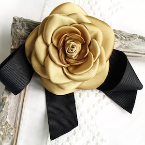 Gold silk flower pin, Camellia flower bow brooch, Gold and black, flower broach pin, Camellia corsage, Bow brooch, Gift for her, Flower gift
