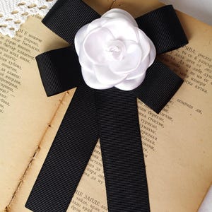 Elegant Black White 3d Rose Brooch Bow Tie