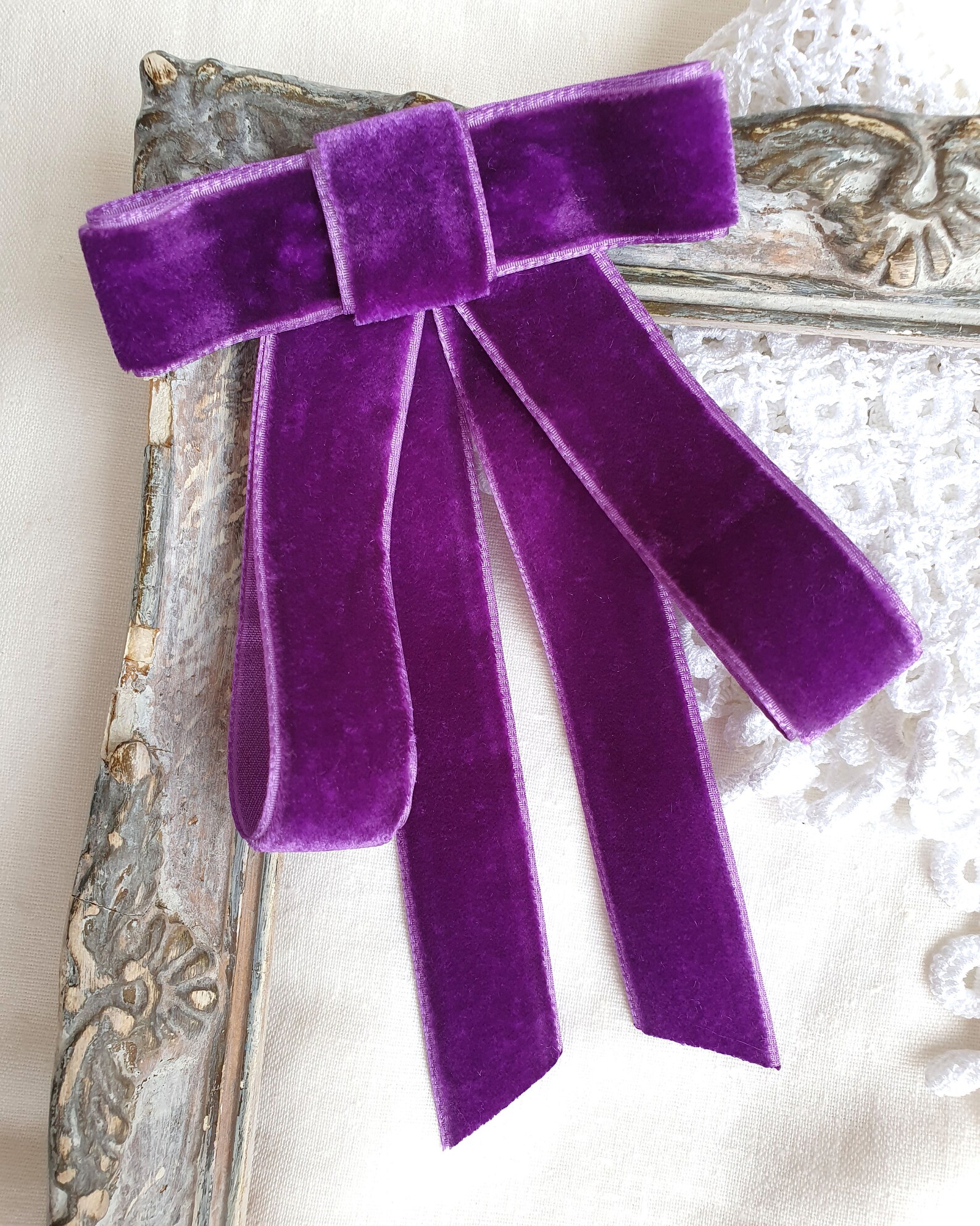 Red Bow Tie Brooch Velvet Ribbon Tie Long Bowtie Office Etsy