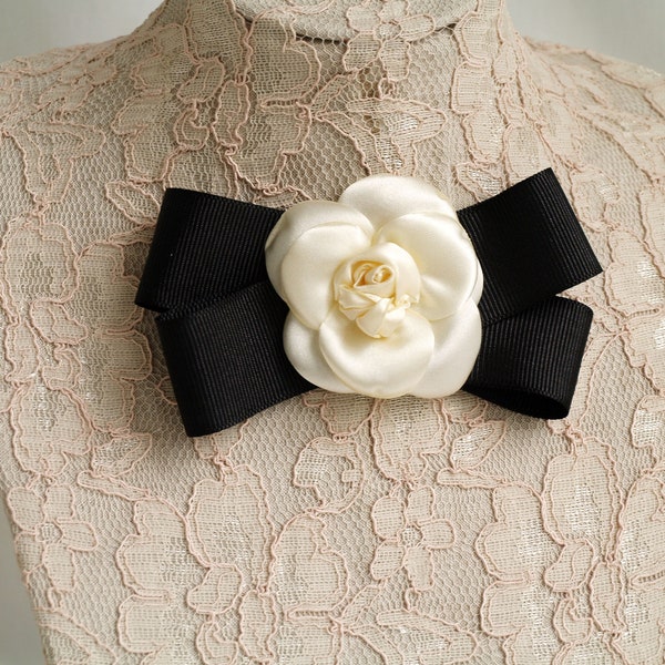 Small Flower brooch, Bow tie brooch, Cream white and black women accessory, Off White Camellia broche, Womens bowtie, corsage flower brooch