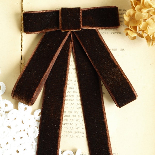 Brown Bow Tie Brooch, Velvet Bowtie Women, Ladies Neck Tie Several Colors, Office Wear Woman, Long Bowtie, Gift for Girl, Brown Bow Tie