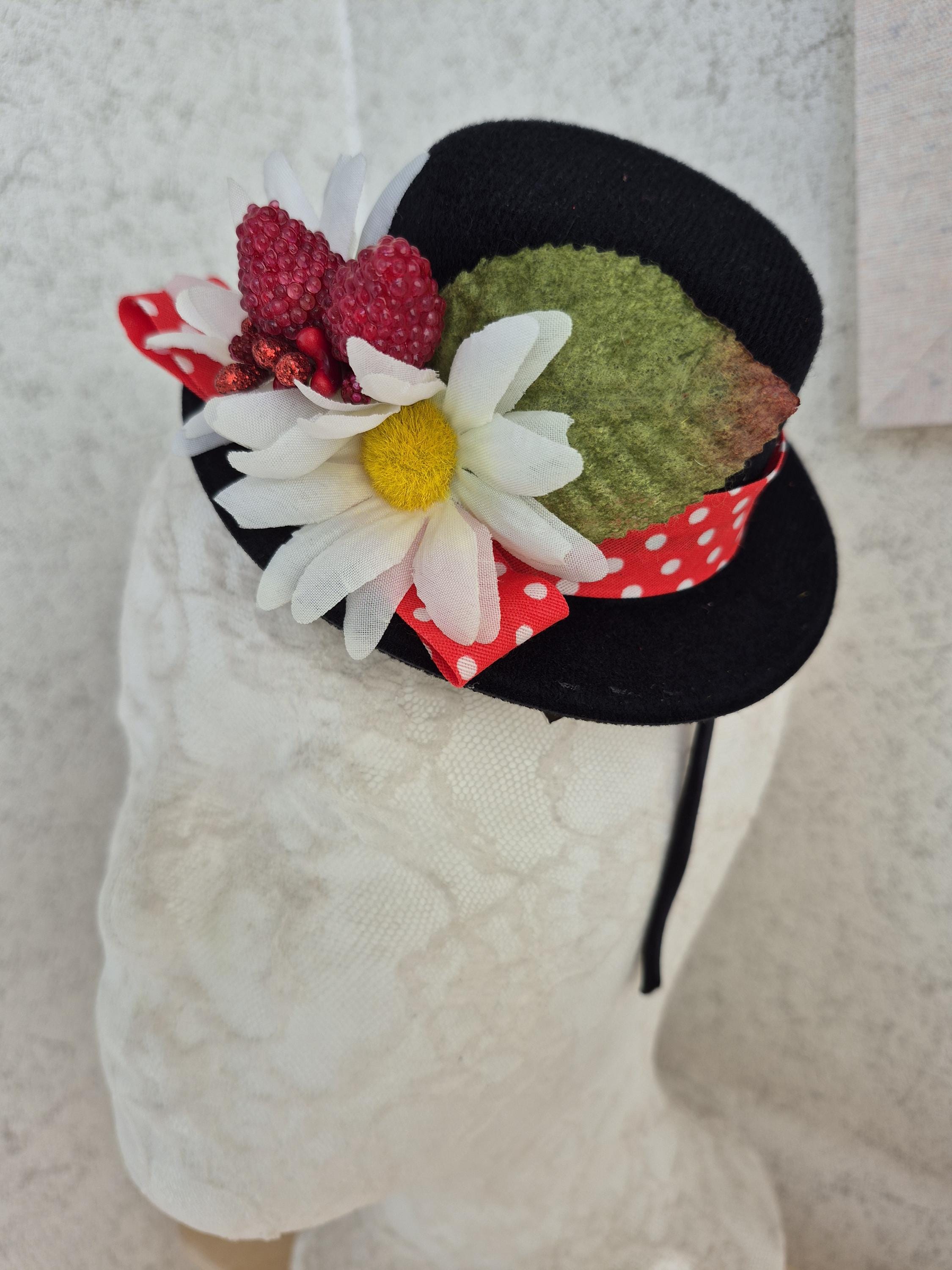 Black Mini Top Hat: Mary Poppins Style, Daisies & Strawberries - Etsy