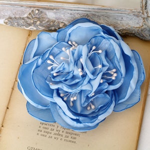 Light blue flower brooch, Blue Flower Hair Accessory, Something blue hair clip, pale blue flower, corsage flower pin, blue white wedding