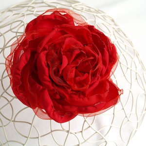 Red Fabric Flower brooch, Red Rose pin, shoulder corsage, Spanish Red Organza Flower hair clip, Bright Red silk flower, peony, gift