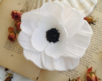 White Silk Anemone Flower Brooch: Boho Wedding Hair Clip
