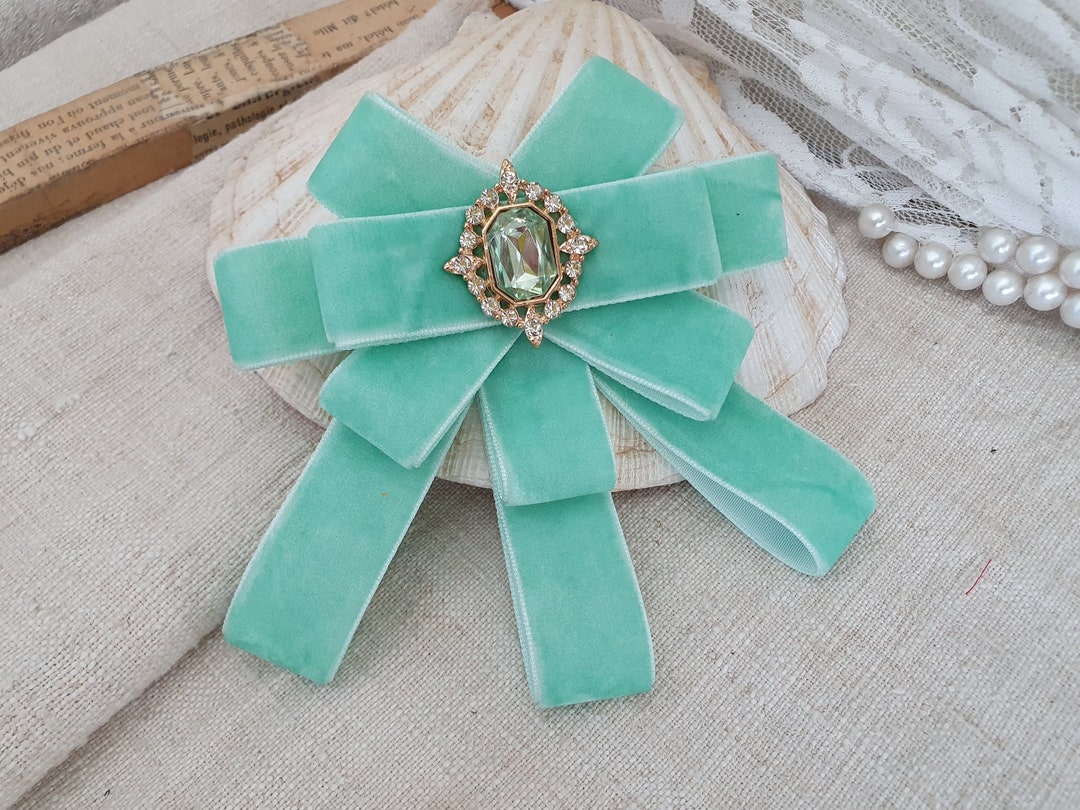 Light Jade Green Bow Tie Brooch With Rhinestone, Mint Green Velvet ...