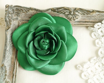 Emerald Green Camellia Brooch: Satin Silk Flower Pin