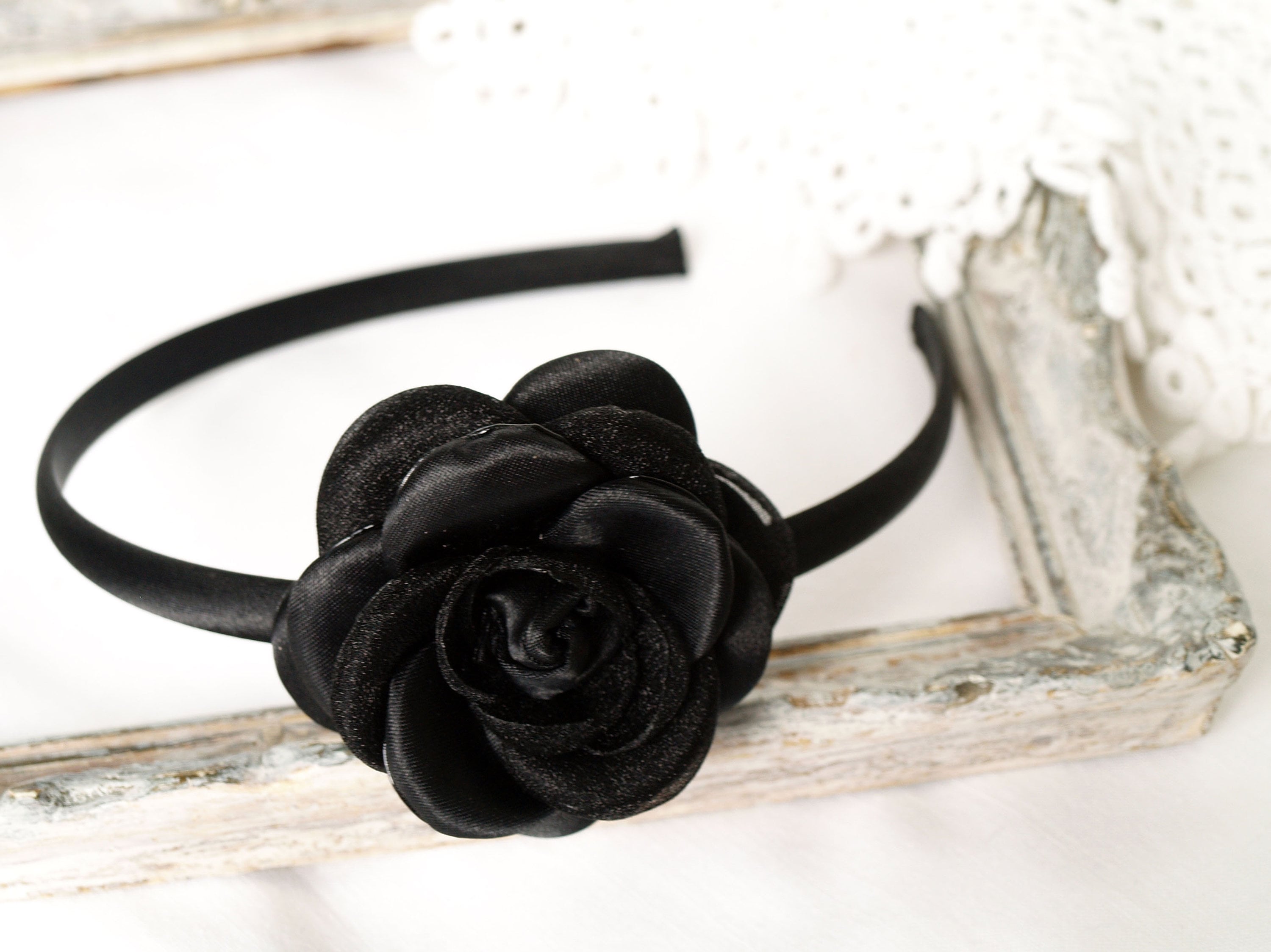 Chanel camellia ribbon flower barrette hair accessory black color Velor x  Satin