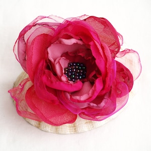 Hot Pink Silk Flower Brooch: Raspberry Organza Corsage Pin