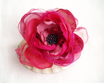 Pink flower brooch, Hot pink silk flower, Raspberry pink organza flower hat pin, big corsage pin, Fuchsia Floral fascinator, High quality