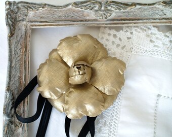 Gold Linen Camellia Flower Brooch: Black Bow Corsage Pin