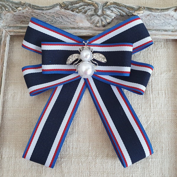 Red White Blue Bow Brooch With Pearls, Ribbon Bow Broach, Womens Bow tie, Pearl Brooch Pin, Navy and White Brooch Pin, Gift