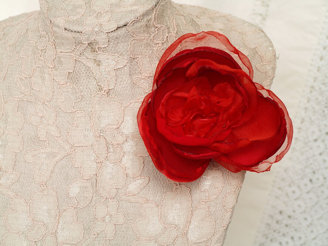 Red Flower Brooch Pin, Red Silk Flower, Corsage Flower Pin, Flower Hair
