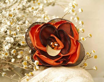 Orange Brown Flower Brooch, Corsage Flower Pin, Flower Hair Clip, Fall Brooches, Tangerine Orange, Autumn Fashion, Nature Inspired Jewelry