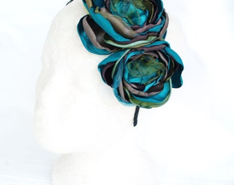 Flower Headband For Women, Teal Beige Headpiece, Floral Fascinator, Floral Headband, Fascinator Headband, Flower Crown, Green Blue Brown