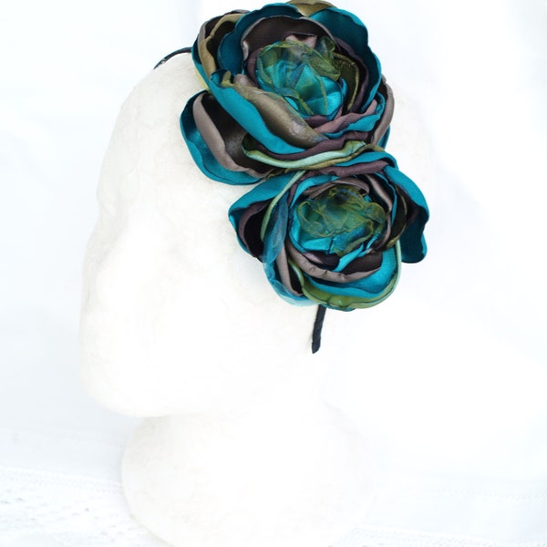 Blumen Haarband für Frauen, Teal Beige Kopfschmuck, Blumen Fascinator, Blumen Haarband, Fascinator Stirnband, Blumenkrone, grün blau braun
