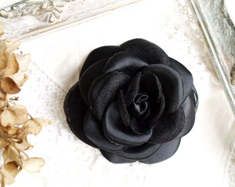Black Satin Flower Brooch: Handmade Camelia Corsage Pin