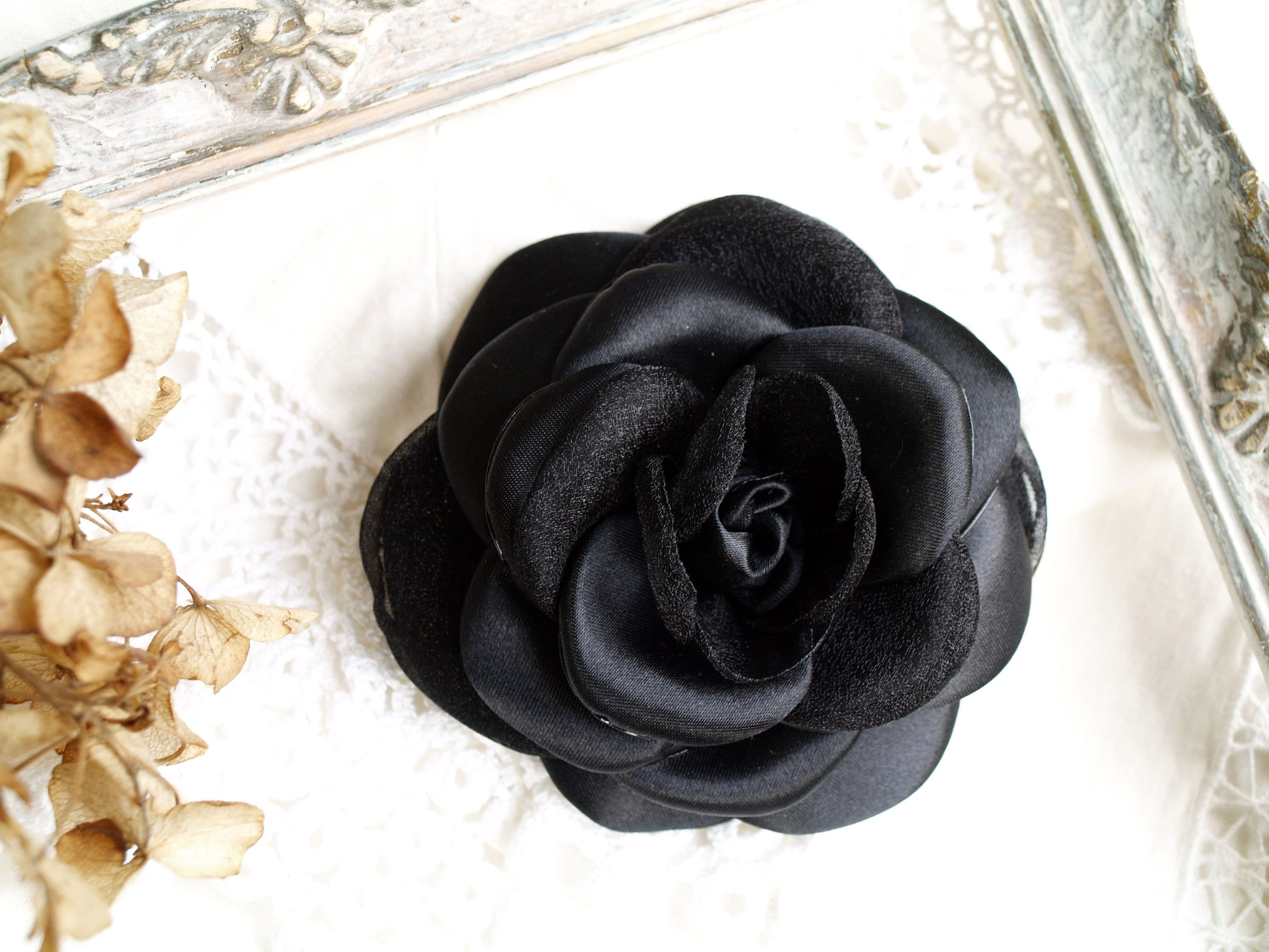 Chanel Vintage Black Leather Camelia Camellia Flower Pin Brooch at 1stDibs