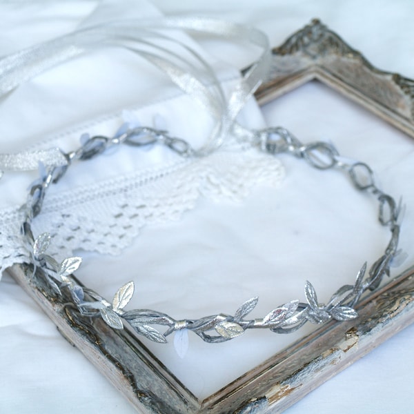 Silver leaf crown, Hair chain, Greece headband, leaf crown, greek goddess headpiece, Adults HALO, Bridal Hair Vine, Silver Circlet Roman