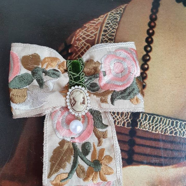 Vintage Embroidery Bowtie Brooch, Green Pink Bow, Jabot Victorian Cameo Brooch, Jacobean Embroidery, Authentic Old Trim Floral Bowtie Women