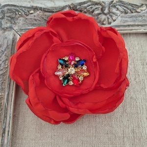 Bright Red Fabric Flower brooch pin, Scarlet red shoulder corsage pin, Red silk flower clip with rhinestone, Vibrant red, Valentine Gift