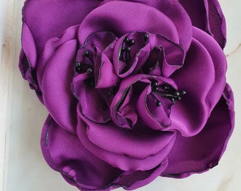 Purple Plum Silk Flower Brooch, Corsage Flower Pins, Flower Hair Clip, Mother of Bride, Gift For Her, Eggplant Fabric Flower, Nature Lovers