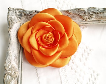 Vibrant Orange Camellia Brooch, Corsage Flower Pin, Orange Flower Broach, Fabric Camellia Brooches, Satin Silk Flower Brooch, Gift For Woman