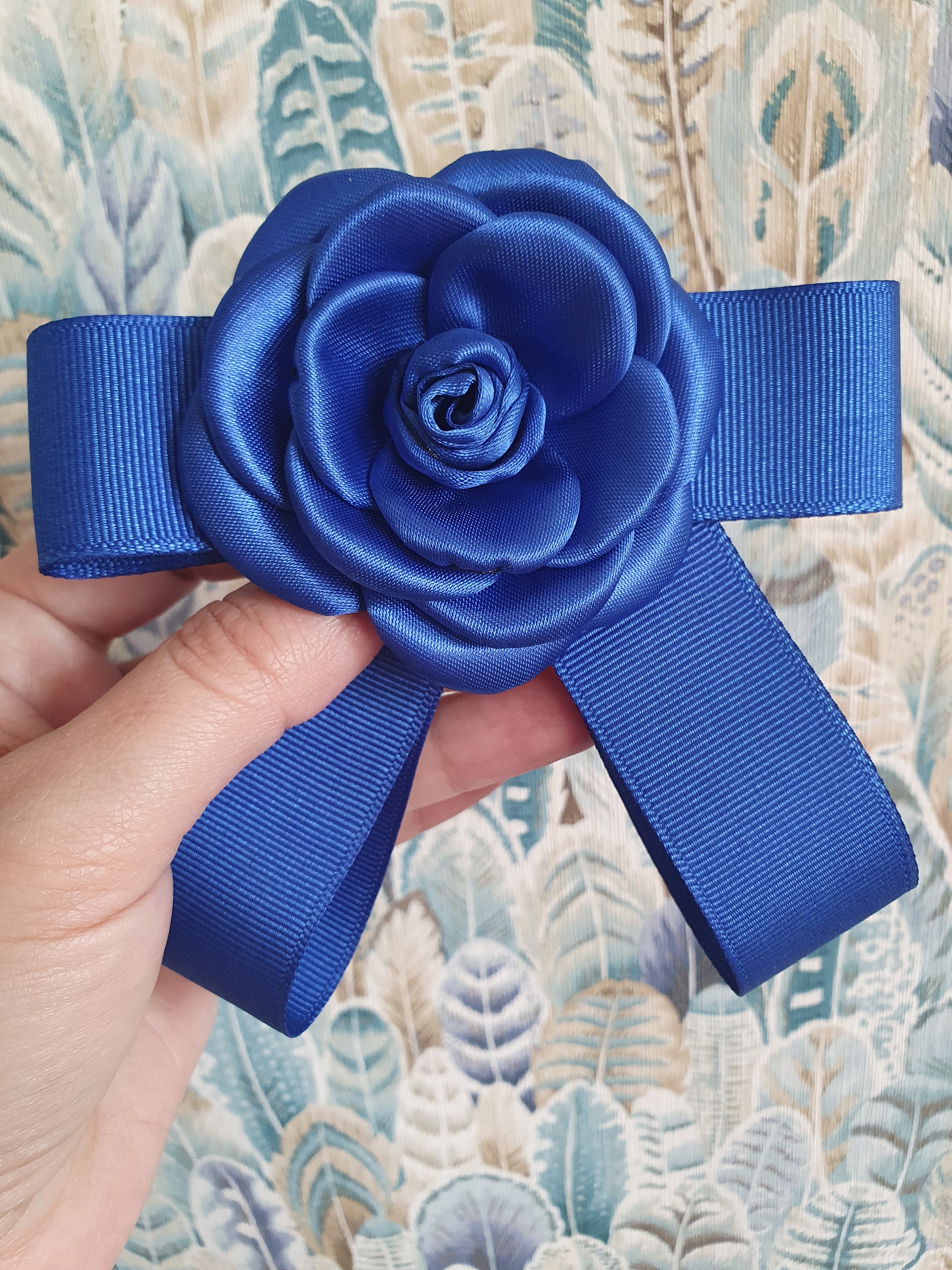 Sky Blue Bow Tie With Small Silk Flower, Camellia Fabric