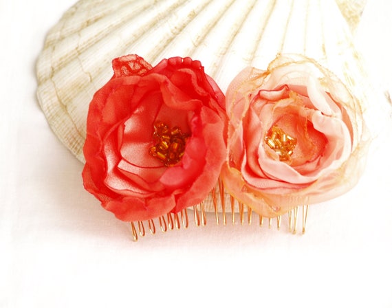 Peach Coral Flower Hair Comb Bridal Head Piece Orange Pink Etsy