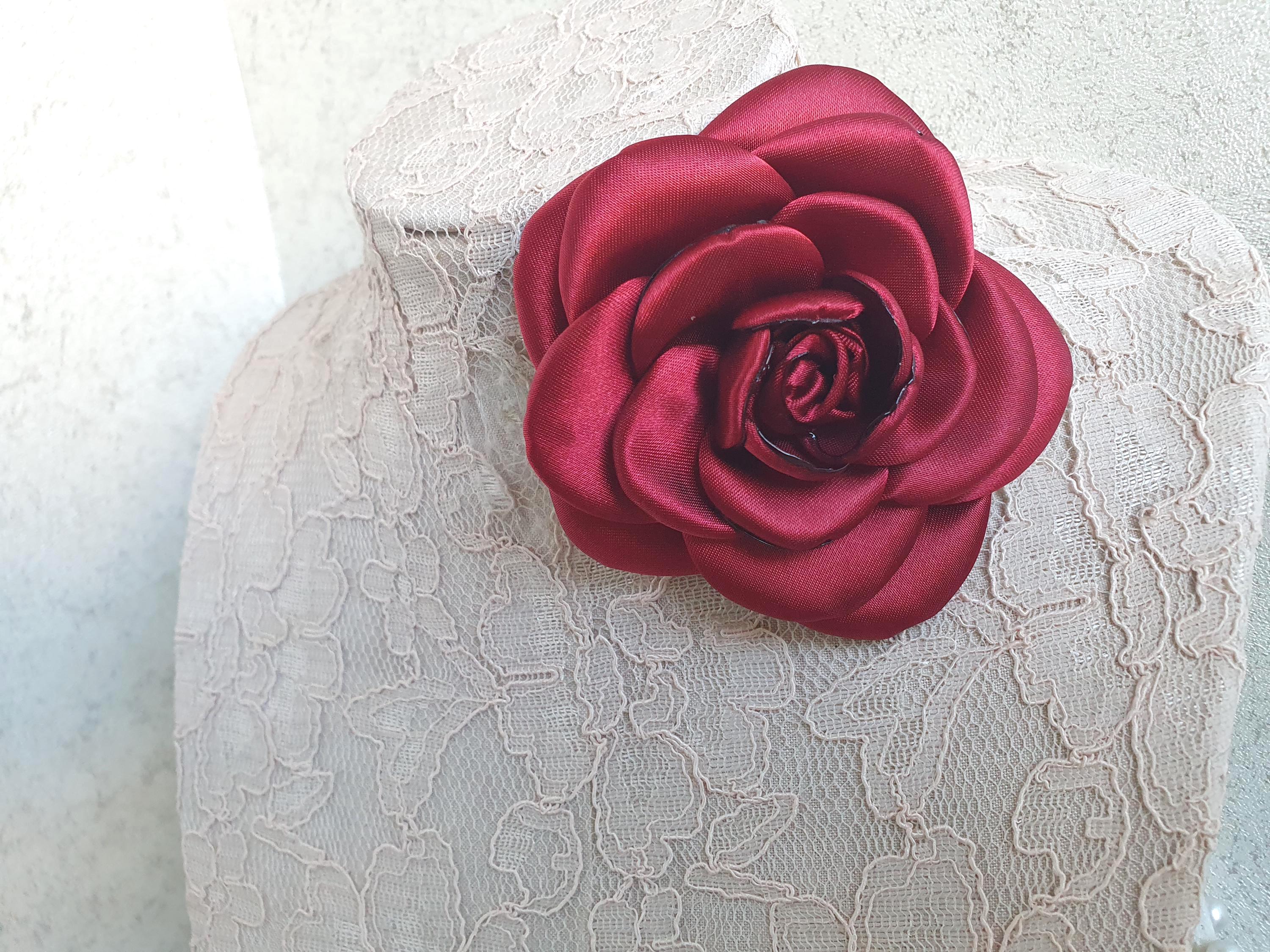 Burgundy Satin Camellia Brooch: Handmade Fabric Flower Pin 